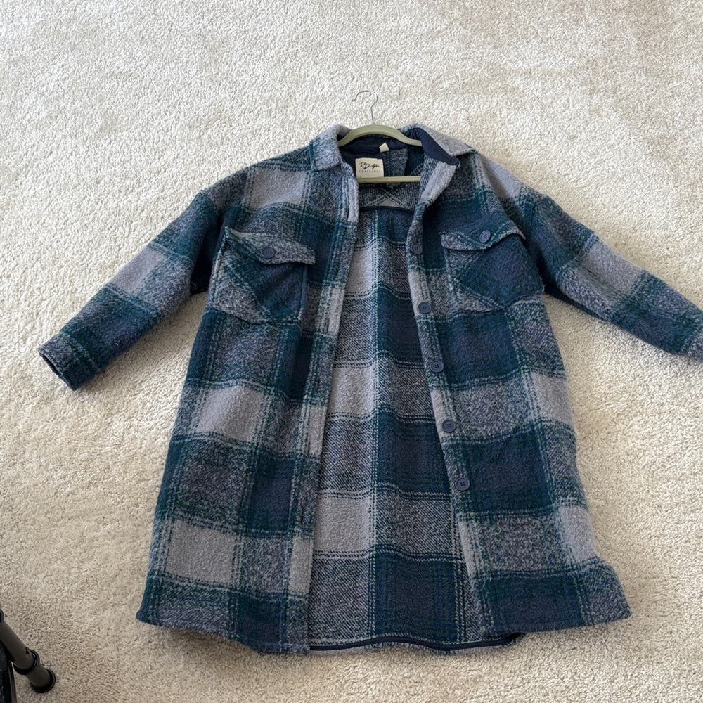 RD Style Plaid Pea Coat in Blue and Gray